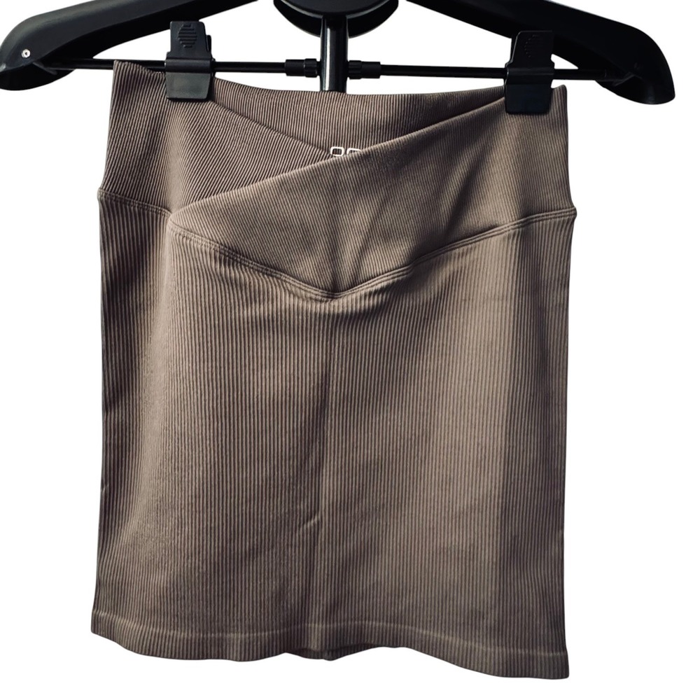 OQQ High Waist Crossover Ribbed Mini Skirt Brown Bodycon Athleisure‎ Seamless L